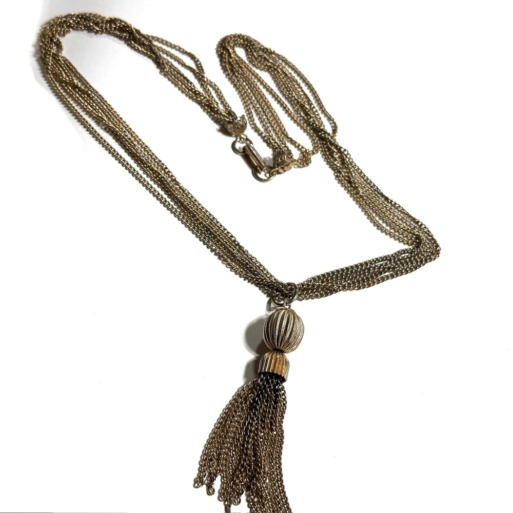 Vintage Multi Chain Gold Tone Necklace Tasseled Pendant Retro Coastal Grandma